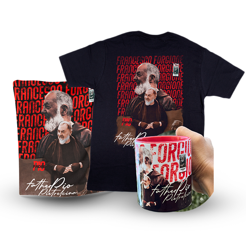 Kit Camiseta São Padre Pio + Caneca + Bandeira ref 282