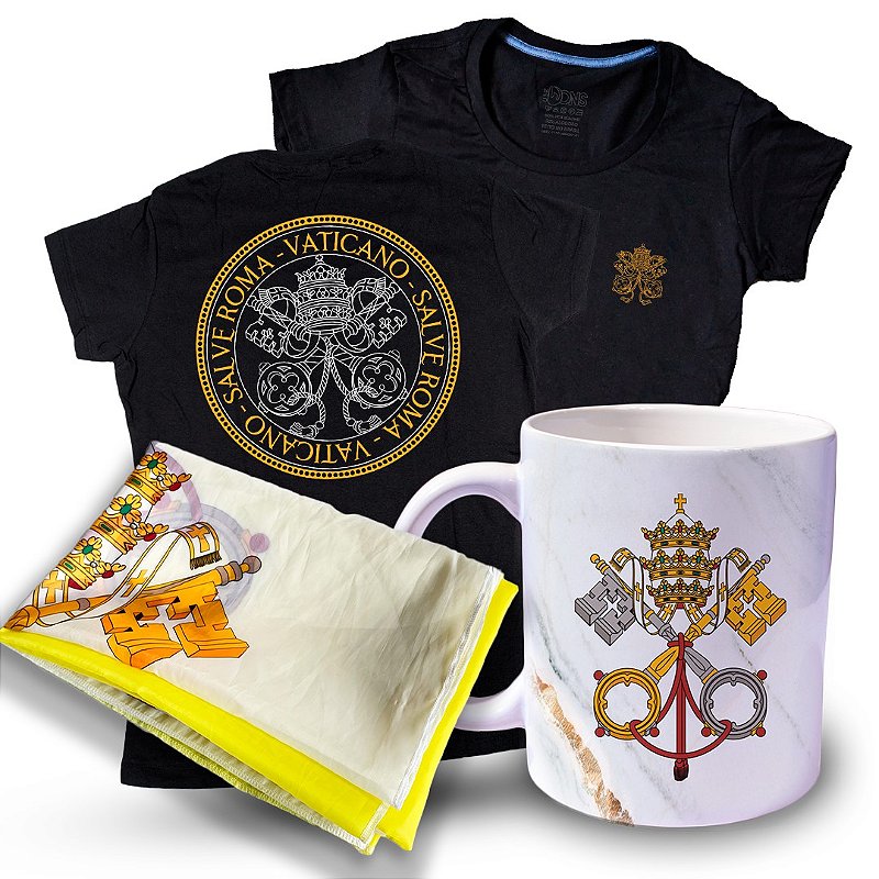Kit Baby Look Vaticano Salve Roma + Caneca + Bandeira ref 255