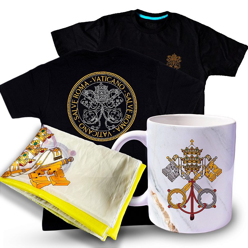 Kit Camiseta Vaticano Salve Roma + Caneca + Bandeira ref 255
