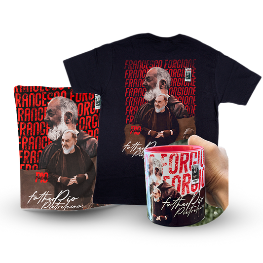Kit Camiseta São Padre Pio + Caneca + Bandeira ref 282