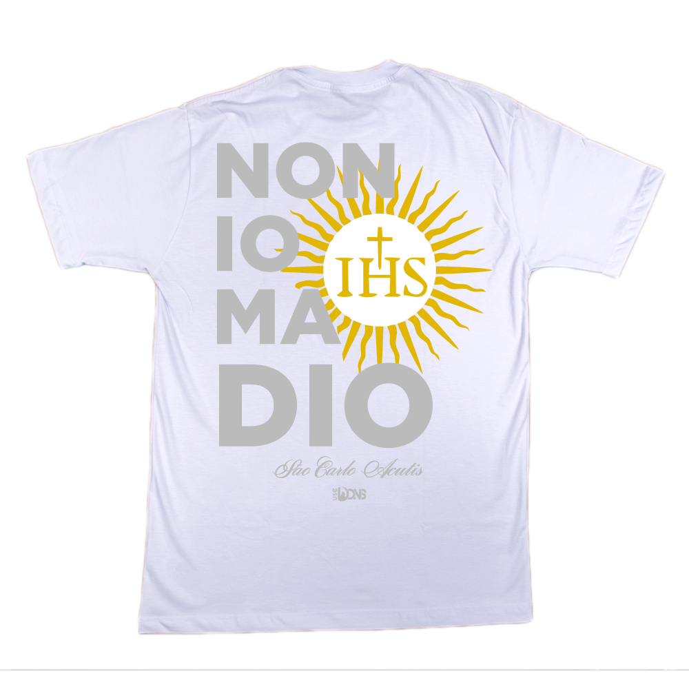 Camiseta São Carlo Acutis - Não eu, mas Deus - Branco ref 3232