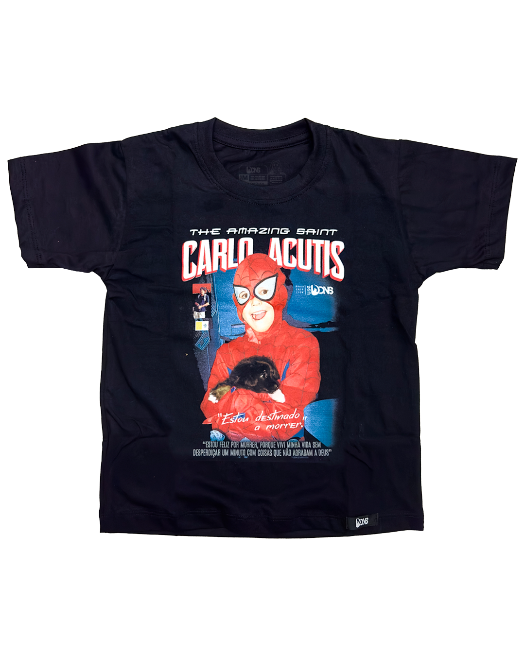 Camiseta Infantil São Carlo Acutis - Super Heroi - Preto