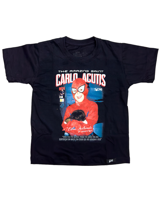 Camiseta Infantil São Carlo Acutis - Super Heroi - Preto