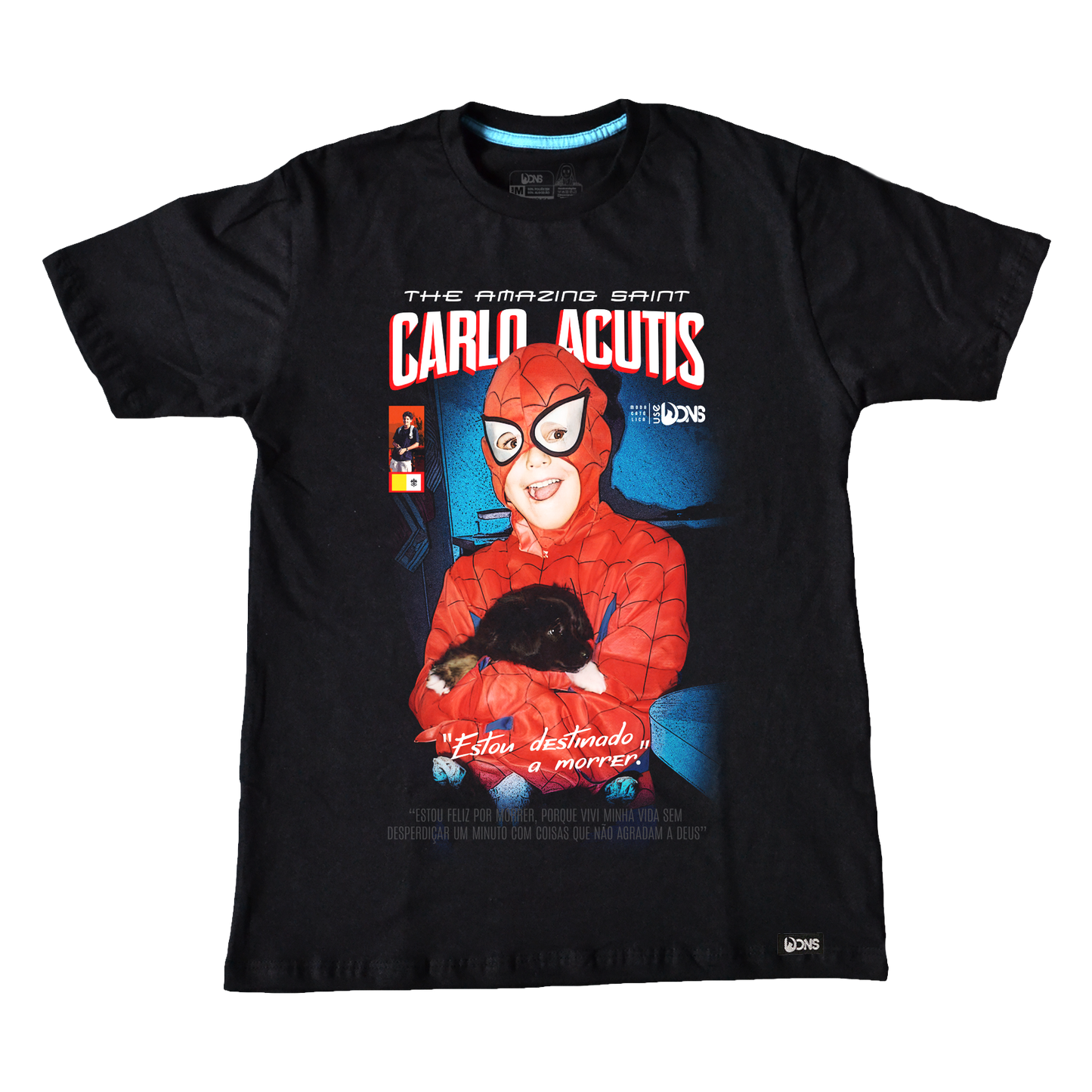 Camiseta São Carlo Acutis - Super Heroi cor preto