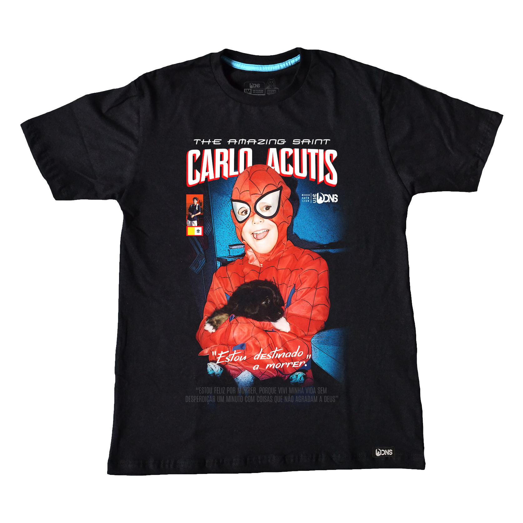 Camiseta São Carlo Acutis - Super Heroi cor preto