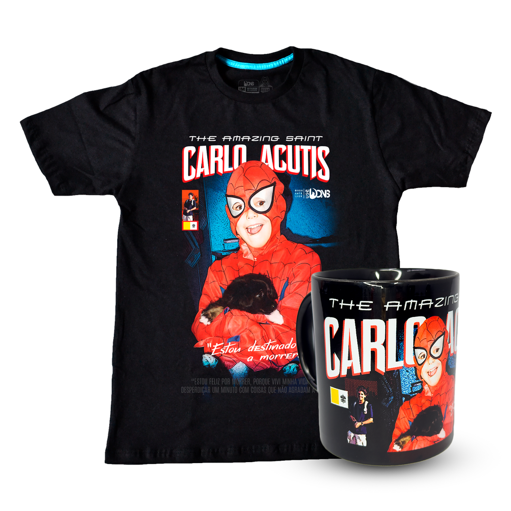 Kit Camiseta São Carlo Acutis - Super Heroi + Caneca Preto