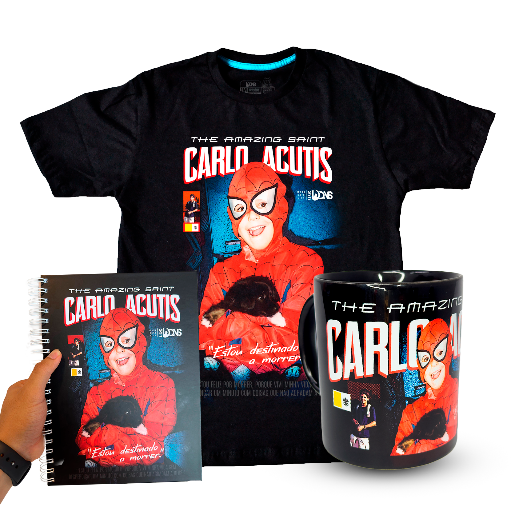 Kit Camiseta São Carlo Acutis Preto - Super Heroi + Caneca + Caderno