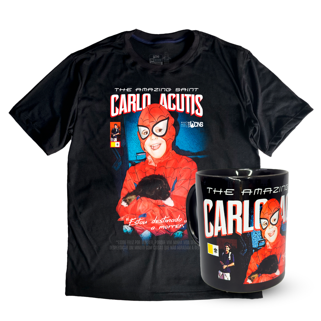Kit Camiseta Oversized São Carlo Acutis - Super Heroi + Caneca