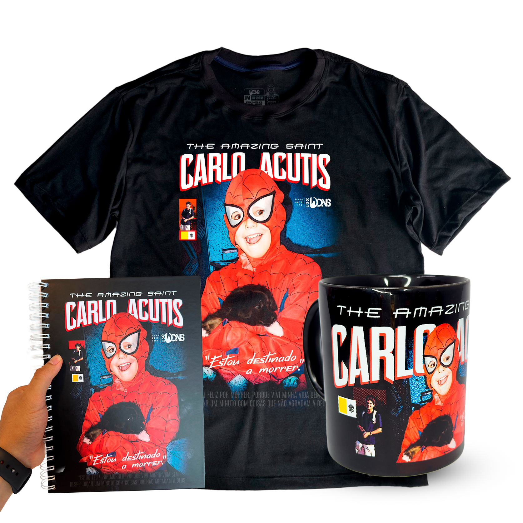 Kit Camiseta Oversized São Carlo Acutis Preto - Super Heroi + Caneca + Caderno