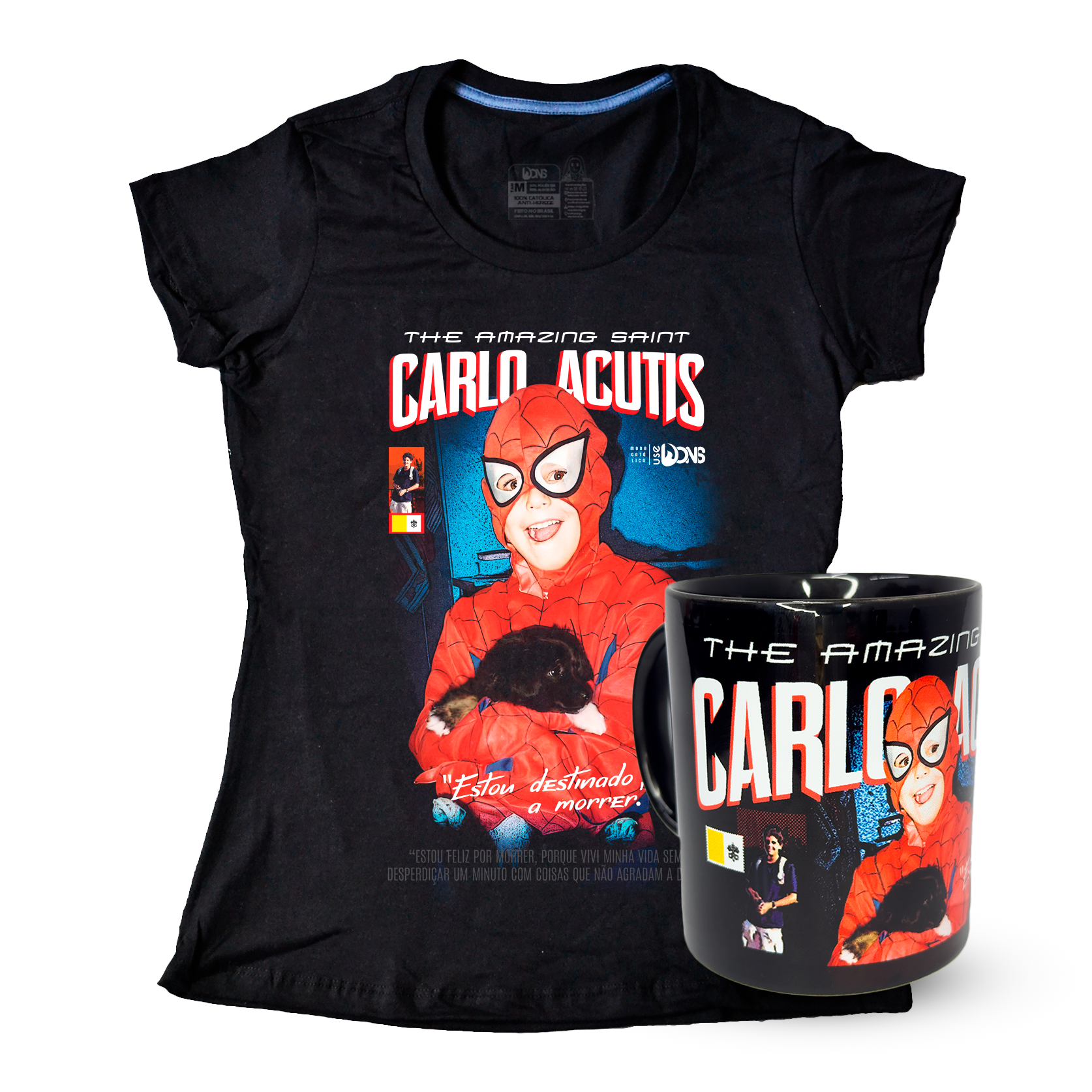 Kit Baby Look São Carlo Acutis - Super Heroi + Caneca