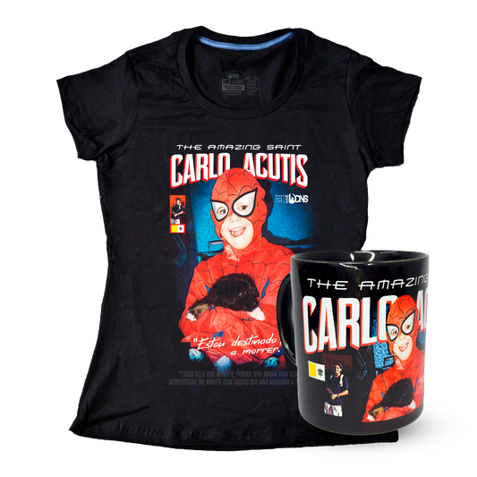 Kit Baby Look São Carlo Acutis - Super Heroi + Caneca