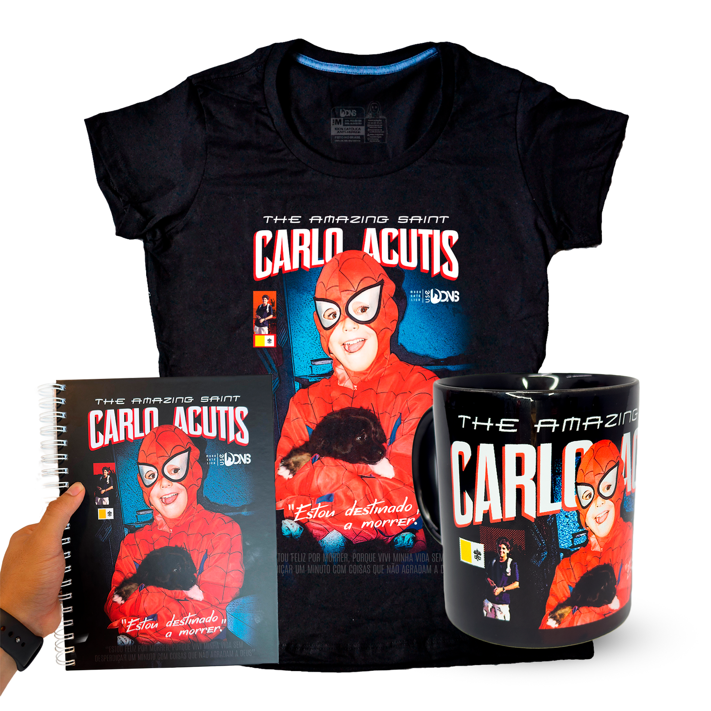 Kit Baby Look São Carlo Acutis Preto - Super Heroi + Caneca + Caderno