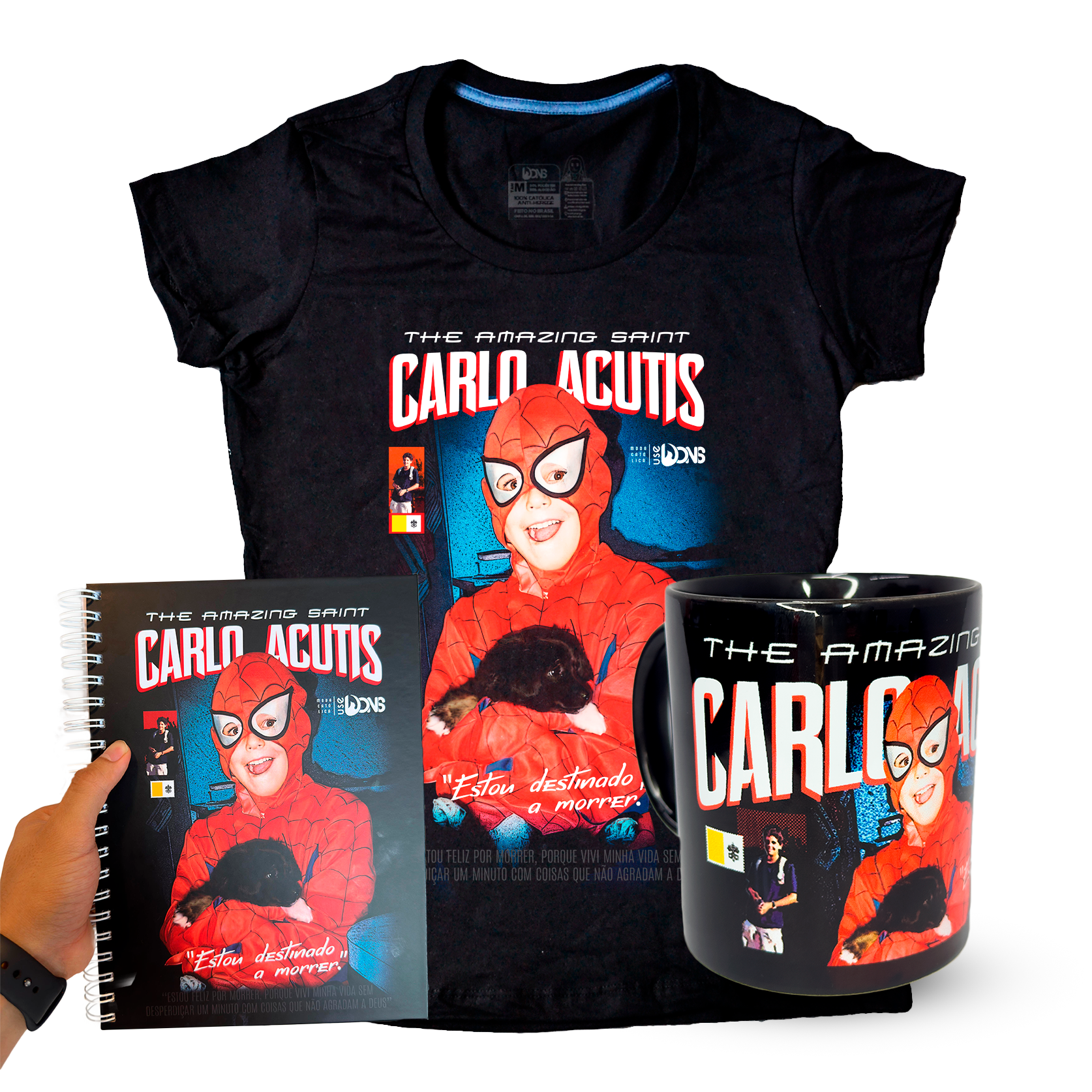 Kit Baby Look São Carlo Acutis Preto - Super Heroi + Caneca + Caderno