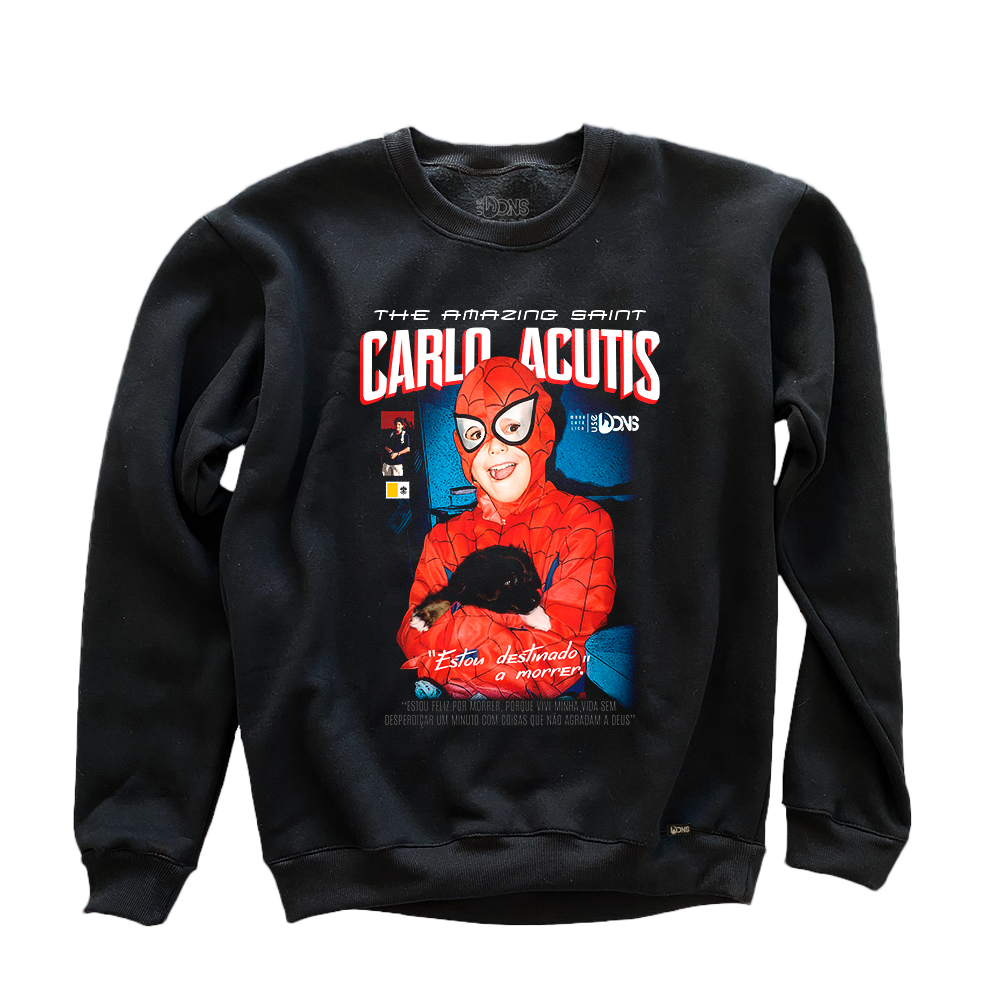 Moletom Gola Careca São Carlo Acutis - Super Herói - Preto