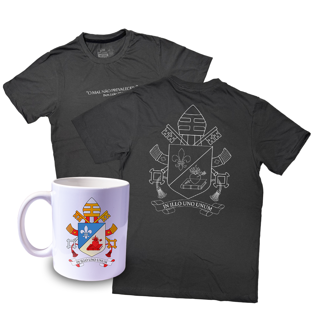 Kit Camiseta O mal não prevalecerá - Papa Leão XIV + Caneca ref 3243