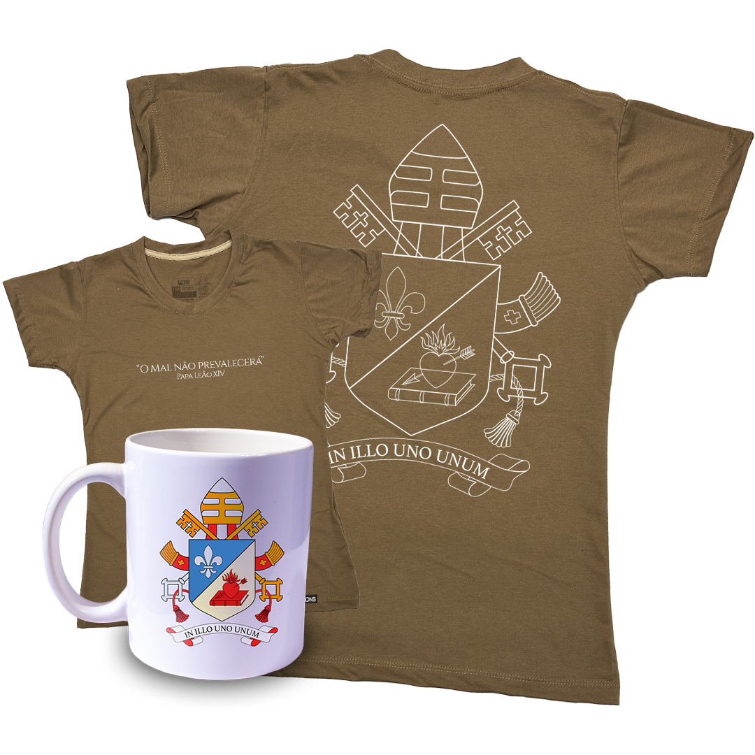 Kit Baby Look O mal não prevalecerá - Papa Leão XIV + Caneca ref 3243